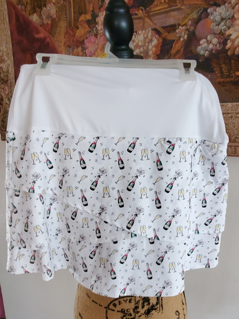 Lucky in Love White Mini Skirt with Champagne Bottle Print Size L
